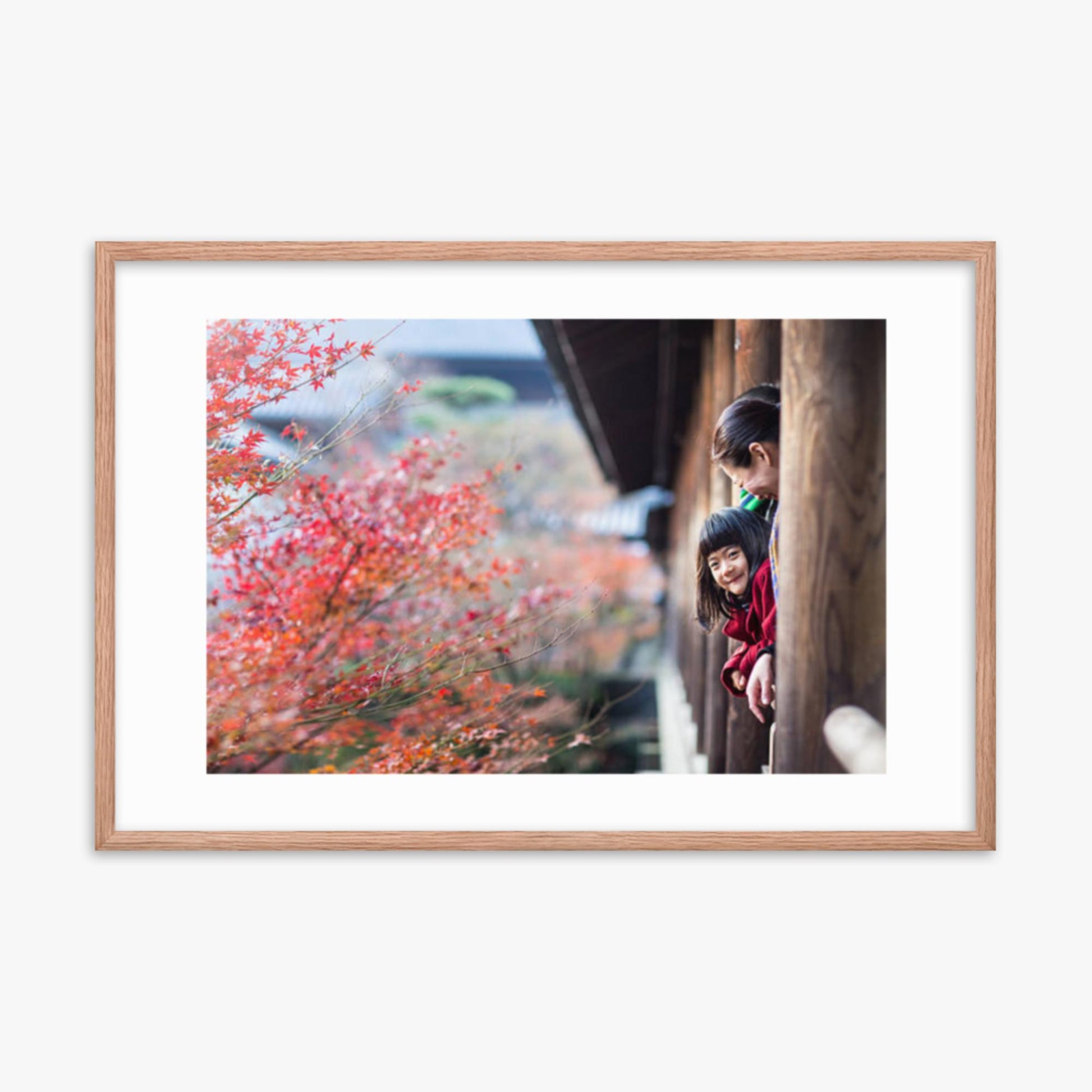 Father, mother and daughter at a temple enjoying autumn leaves 24x36 in Poster With Oak Frame