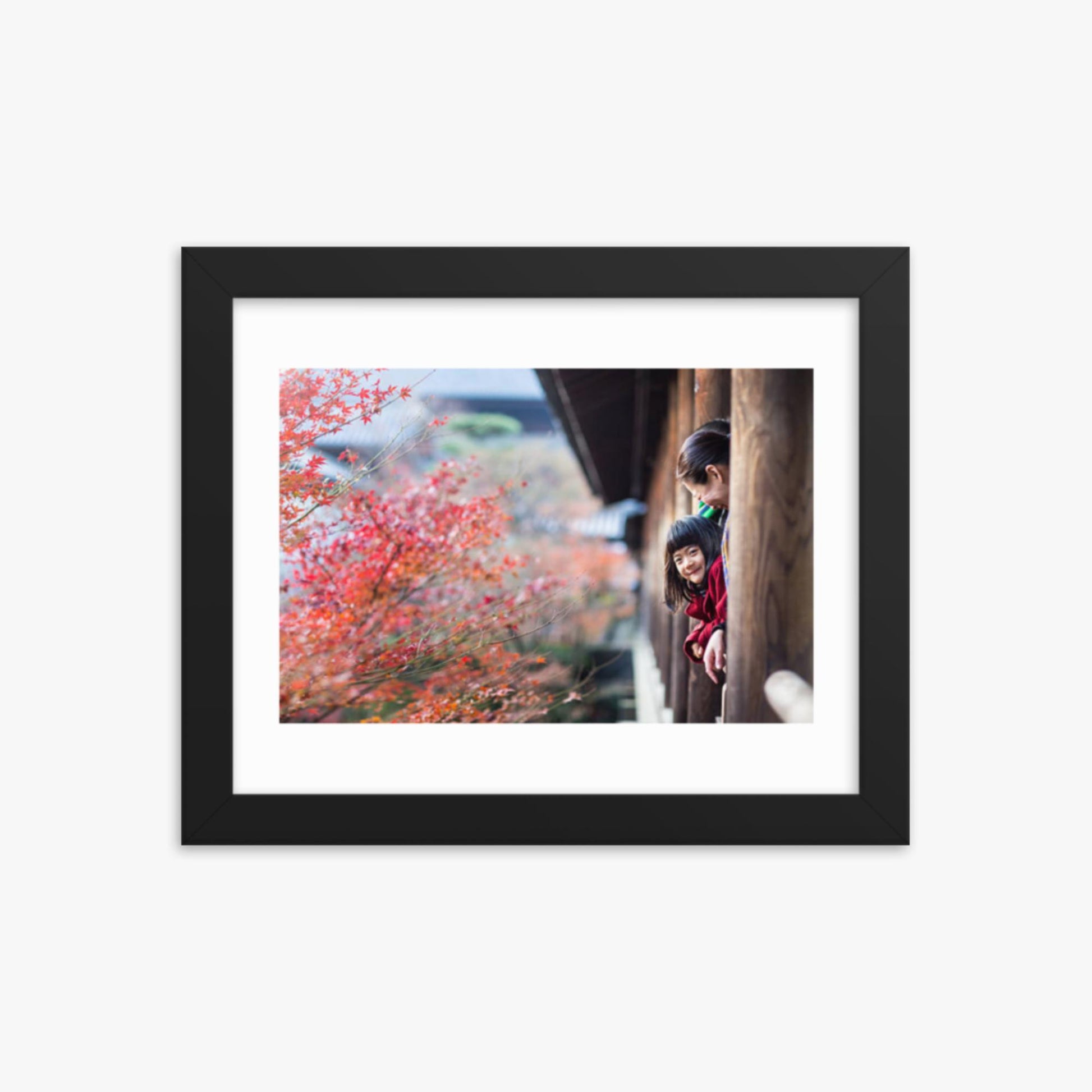 Father, mother and daughter at a temple enjoying autumn leaves 8x10 in Poster With Black Frame