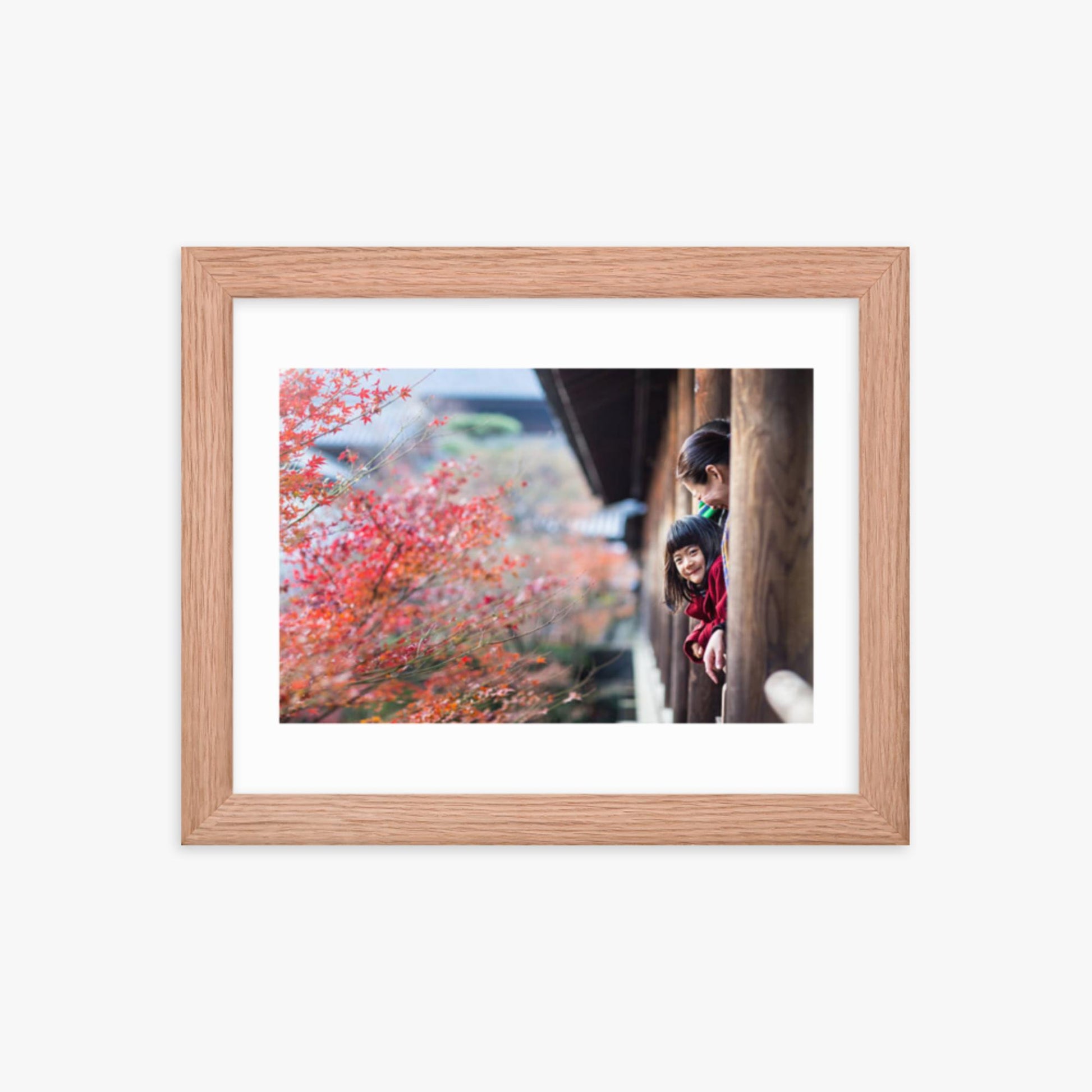 Father, mother and daughter at a temple enjoying autumn leaves 8x10 in Poster With Oak Frame
