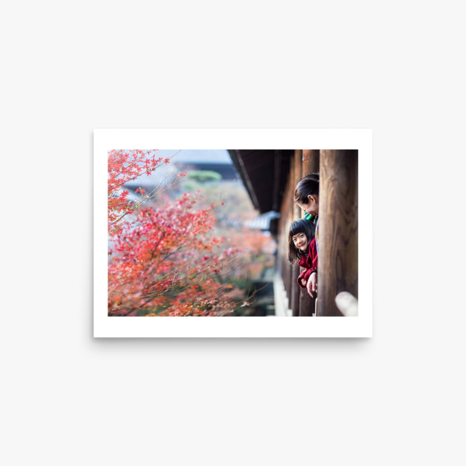 Father, mother and daughter at a temple enjoying autumn leaves 12x16 in Poster