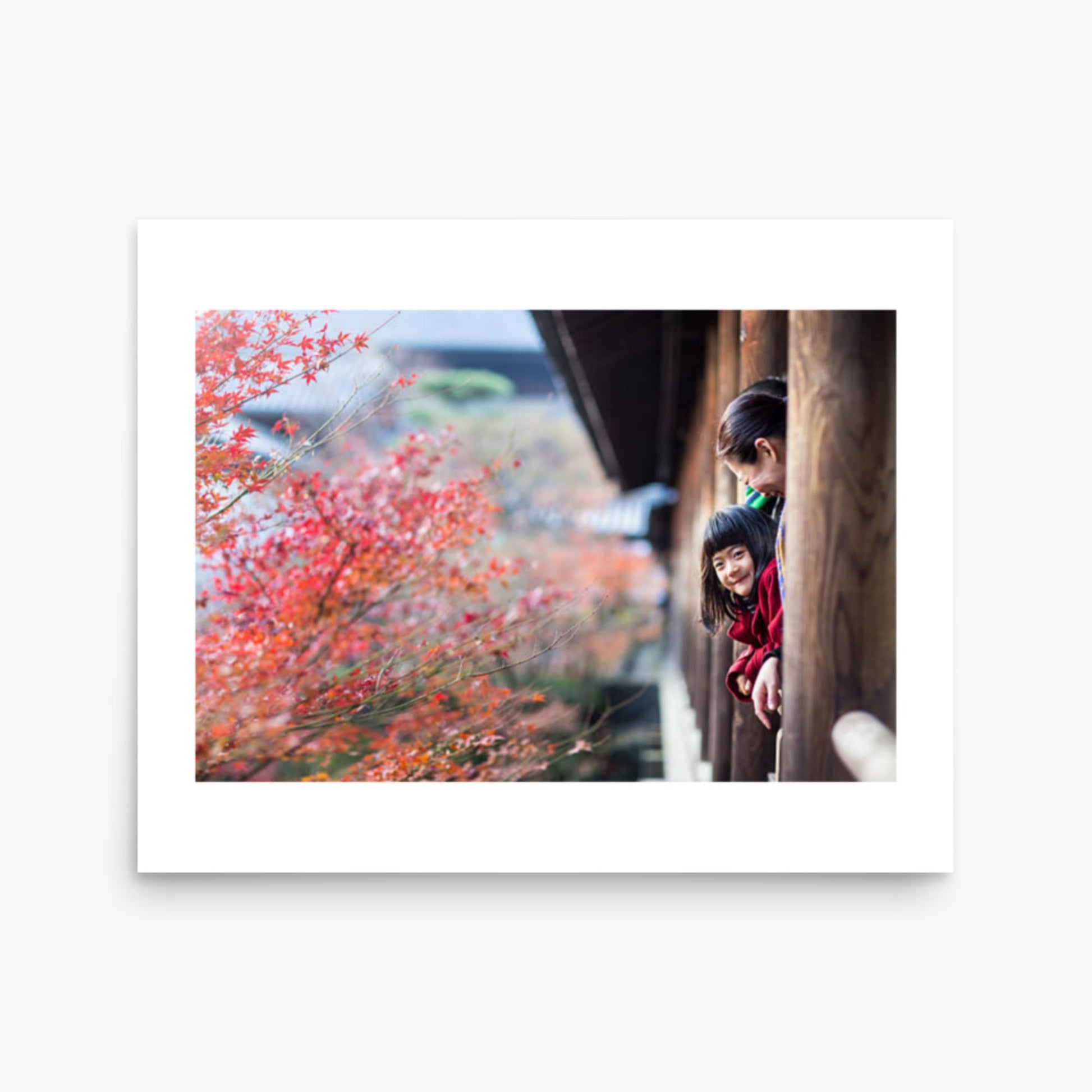 Father, mother and daughter at a temple enjoying autumn leaves 16x20 in Poster