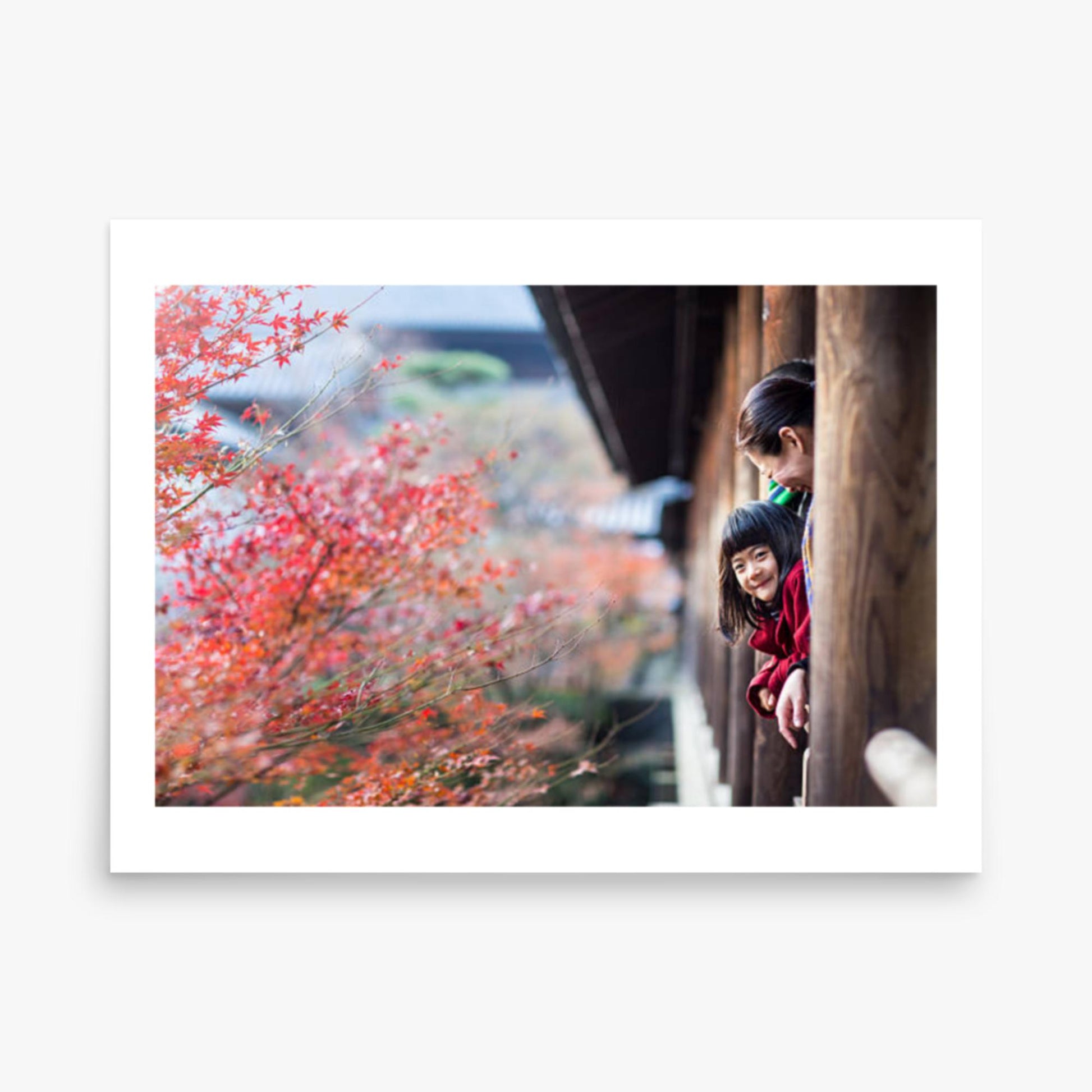 Father, mother and daughter at a temple enjoying autumn leaves 18x24 in Poster