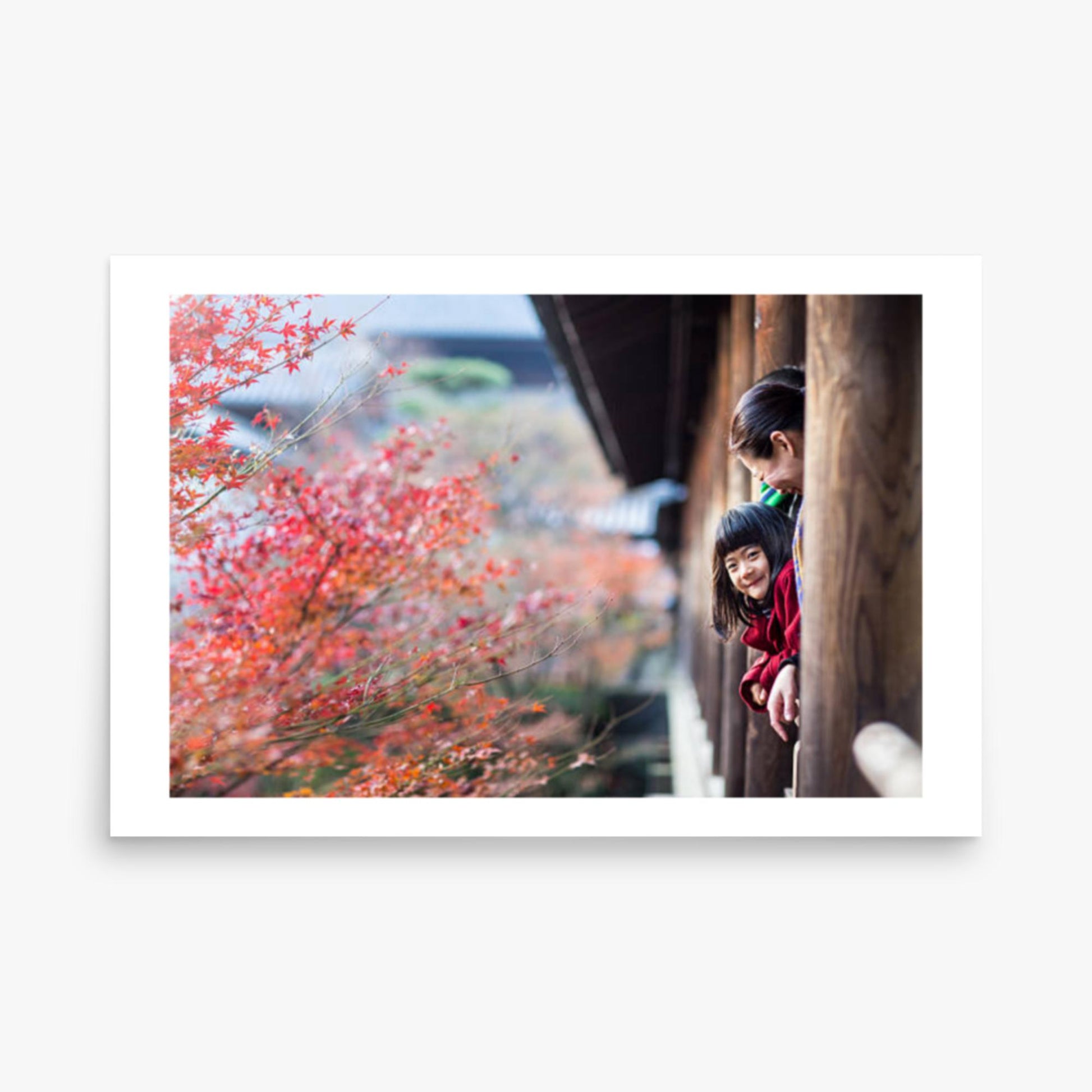 Father, mother and daughter at a temple enjoying autumn leaves 24x36 in Poster