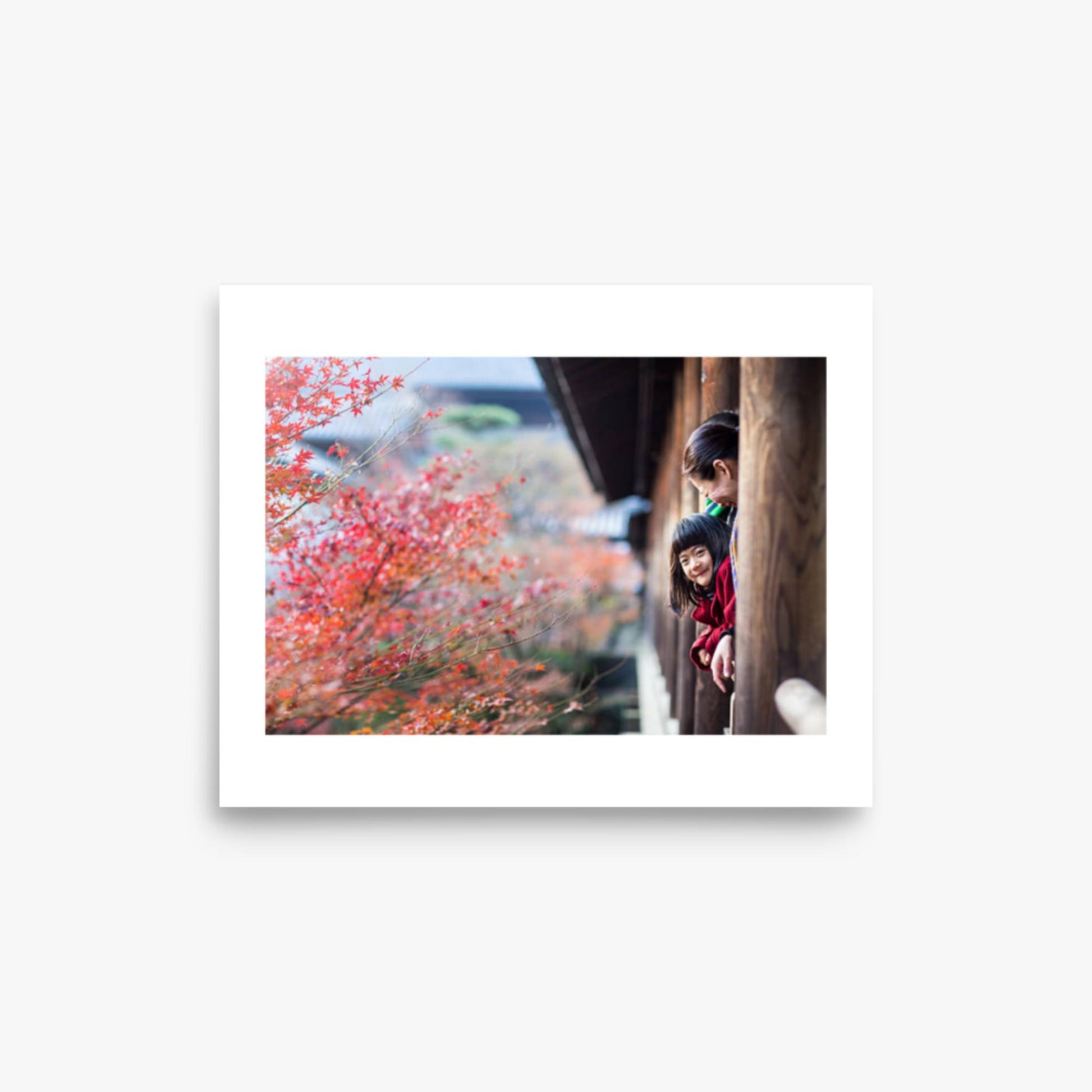 Father, mother and daughter at a temple enjoying autumn leaves 8x10 in Poster