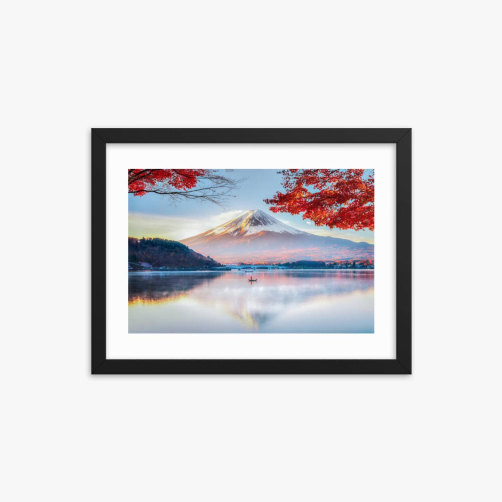 Fuji Mountain , Red Maple Tree and Fisherman Boat with Morning Mist in Autumn, Kawaguchiko Lake, Japan 12x16 in Poster With Black Frame