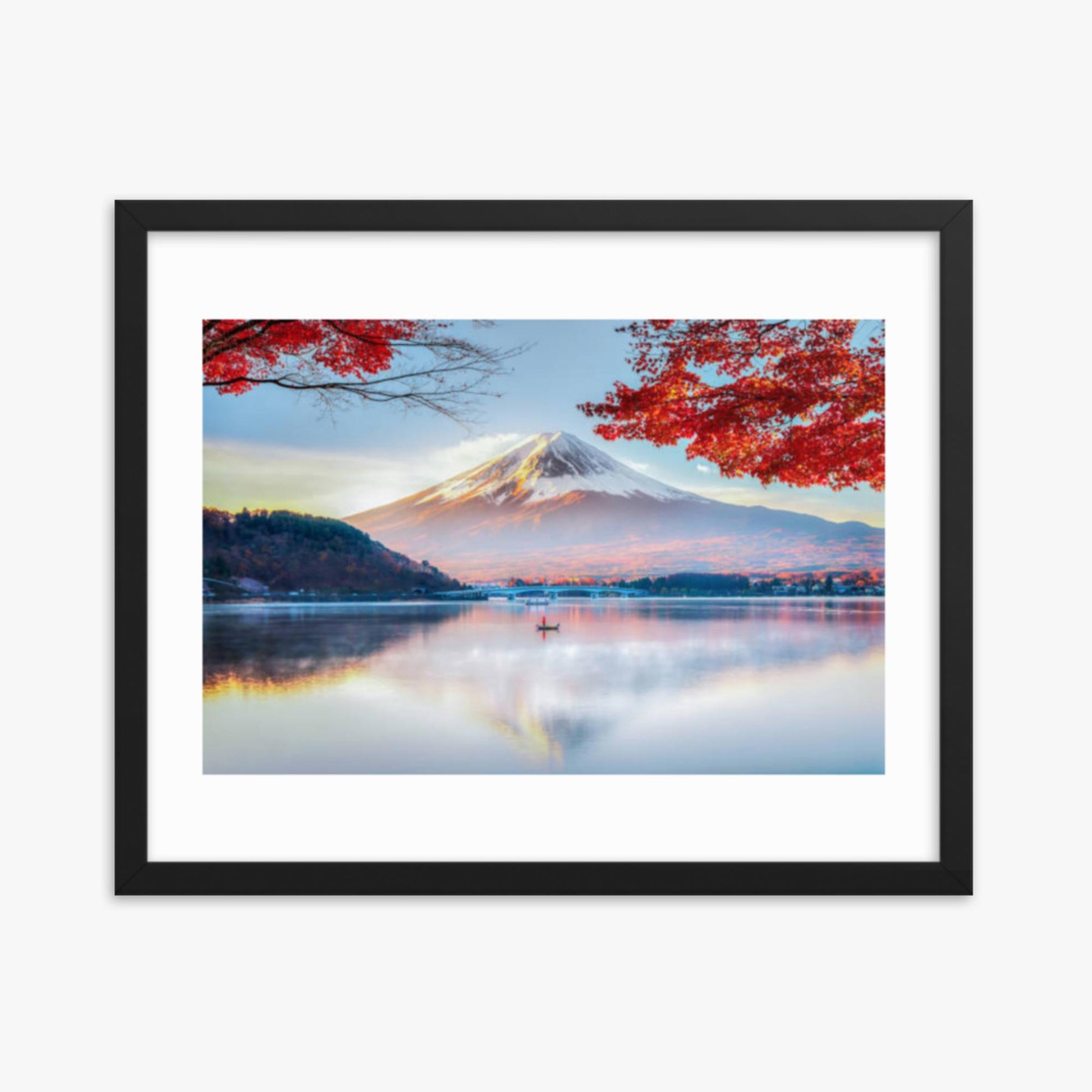 Fuji Mountain , Red Maple Tree and Fisherman Boat with Morning Mist in Autumn, Kawaguchiko Lake, Japan 16x20 in Poster With Black Frame
