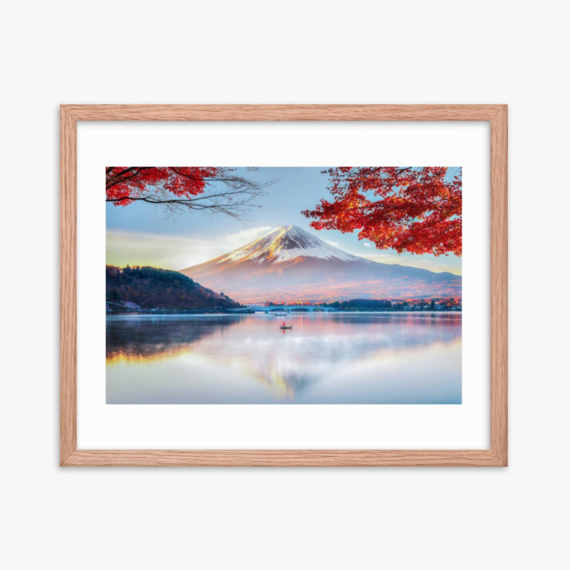 Fuji Mountain , Red Maple Tree and Fisherman Boat with Morning Mist in Autumn, Kawaguchiko Lake, Japan 16x20 in Poster With Oak Frame