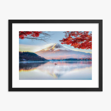 Fuji Mountain , Red Maple Tree and Fisherman Boat with Morning Mist in Autumn, Kawaguchiko Lake, Japan 18x24 in Poster With Black Frame
