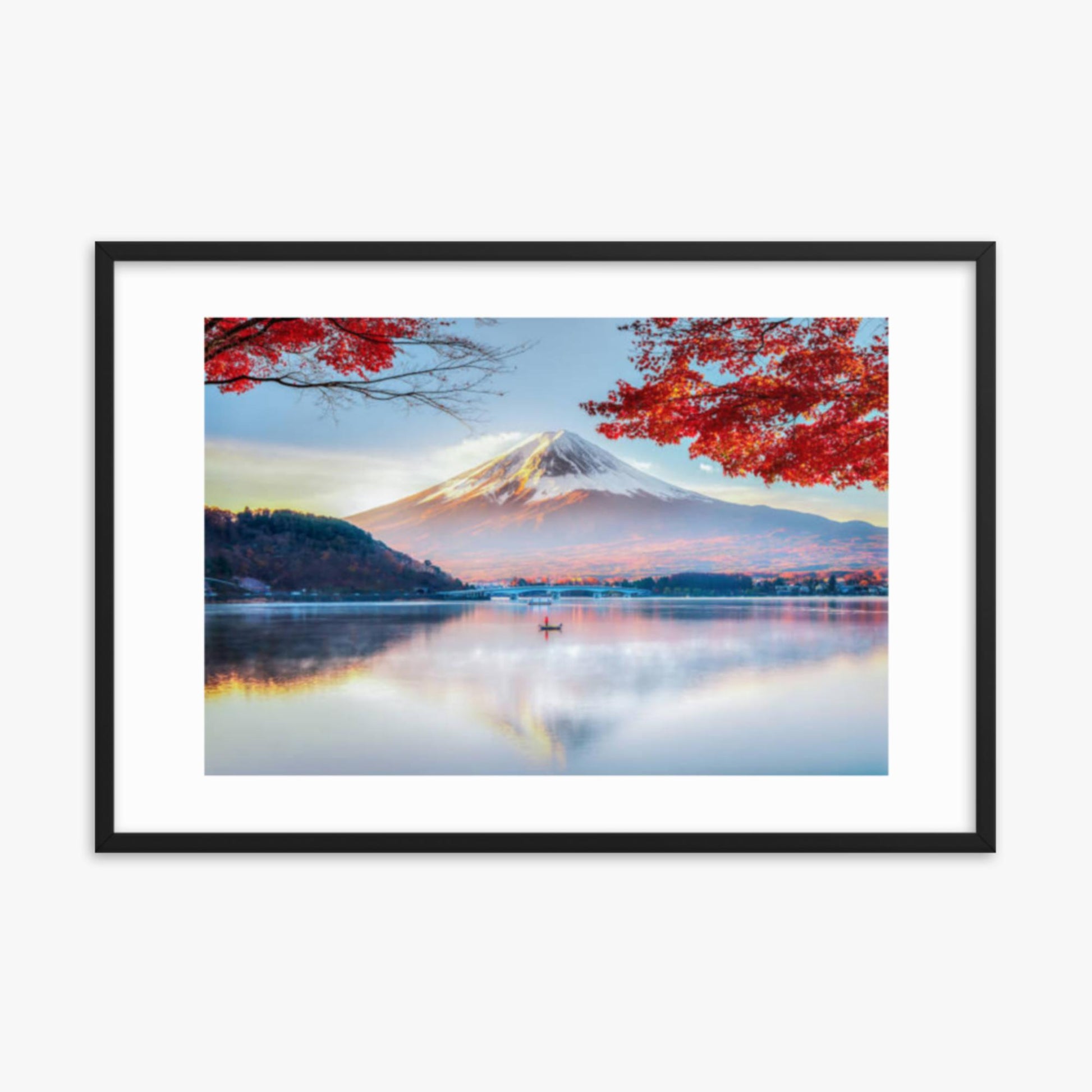 Fuji Mountain , Red Maple Tree and Fisherman Boat with Morning Mist in Autumn, Kawaguchiko Lake, Japan 24x36 in Poster With Black Frame