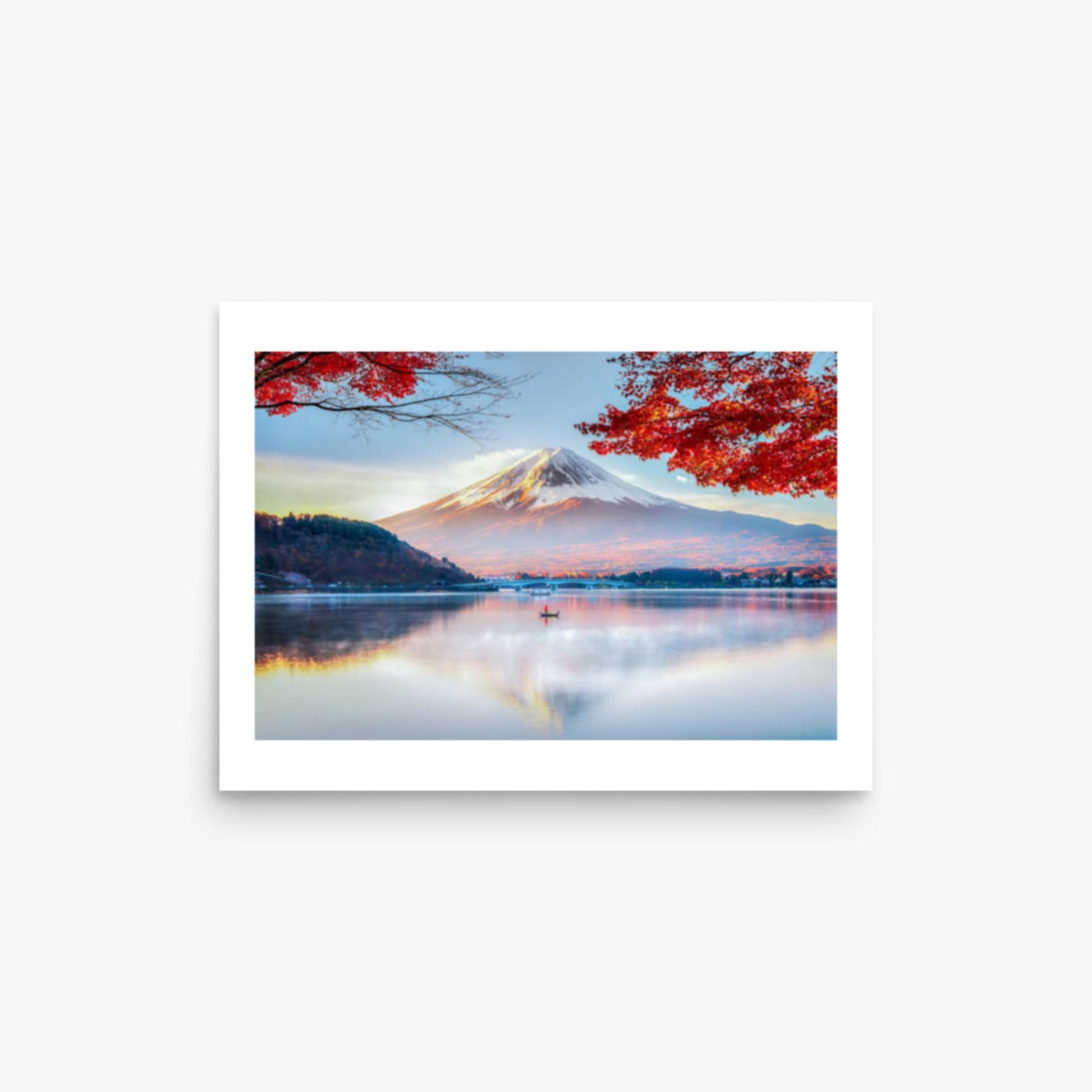Fuji Mountain , Red Maple Tree and Fisherman Boat with Morning Mist in Autumn, Kawaguchiko Lake, Japan 12x16 in Poster