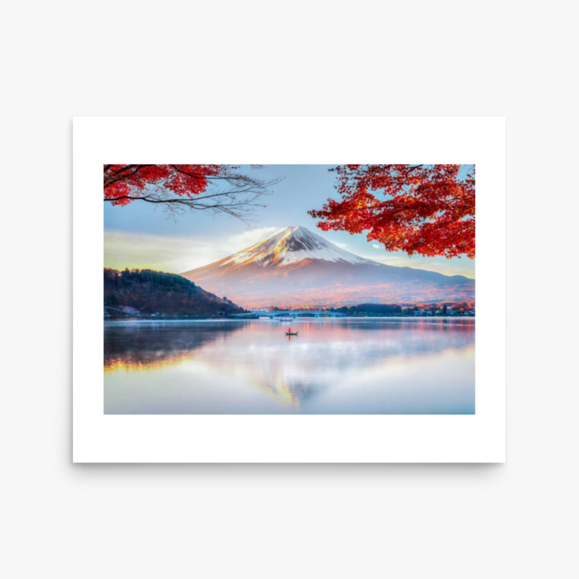Fuji Mountain , Red Maple Tree and Fisherman Boat with Morning Mist in Autumn, Kawaguchiko Lake, Japan 16x20 in Poster