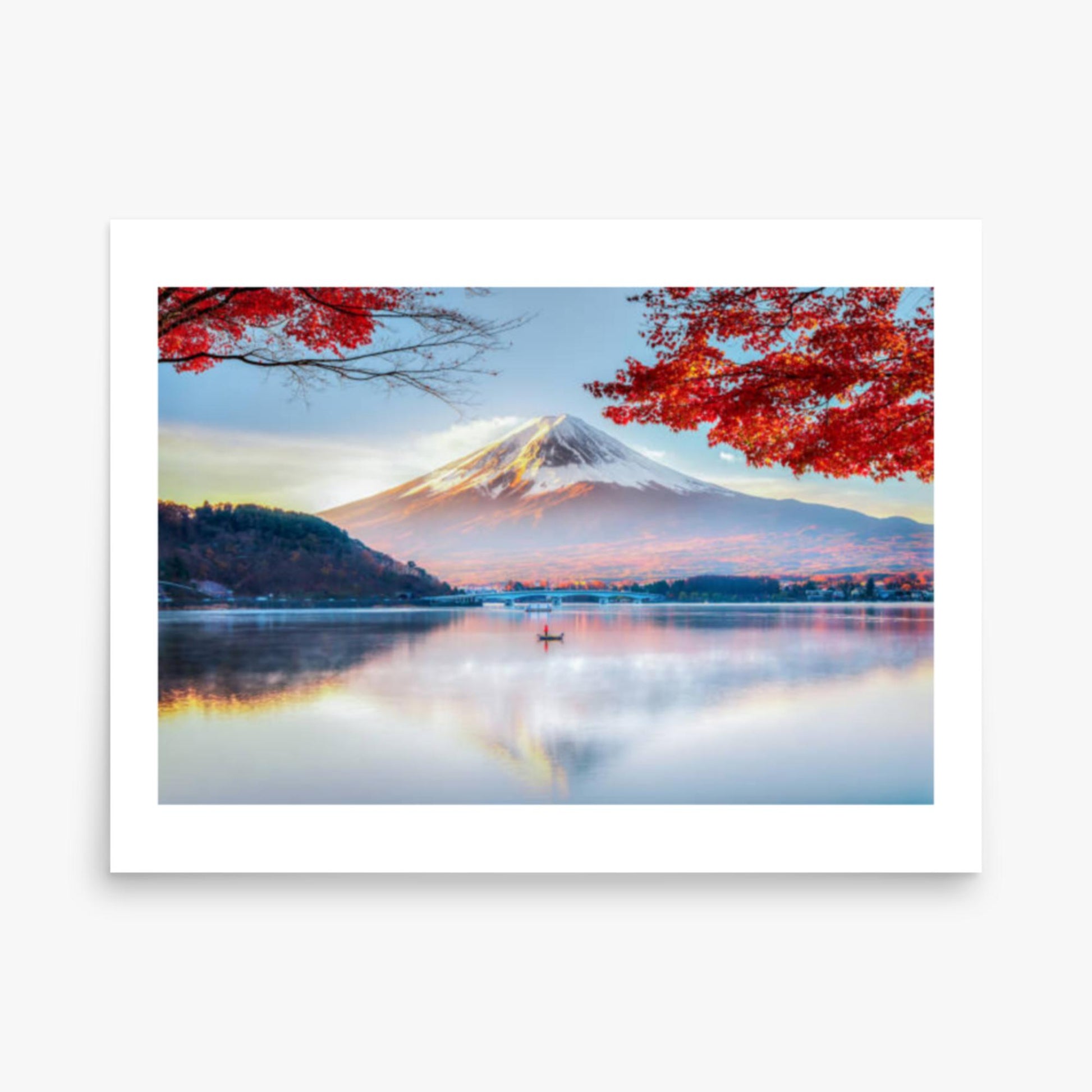 Fuji Mountain , Red Maple Tree and Fisherman Boat with Morning Mist in Autumn, Kawaguchiko Lake, Japan 18x24 in Poster
