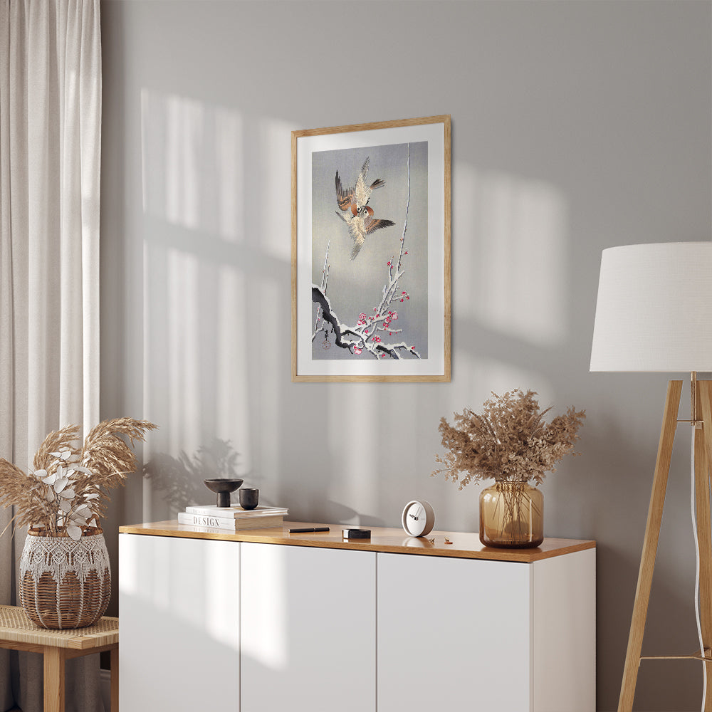 Interior Design Concept: Sparrows and Snowy Plum Tree (Ohara Koson)