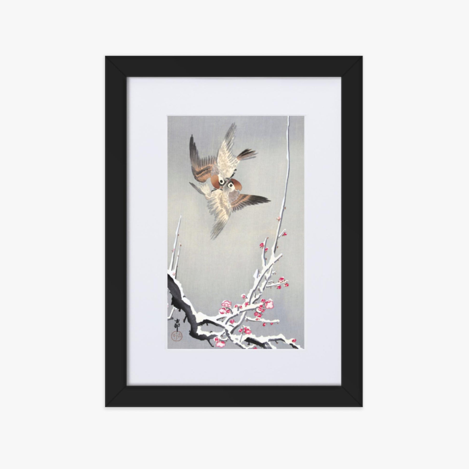 Ohara Koson - Sparrows and Snowy Plum Tree 21x30 cm Poster With Black Frame