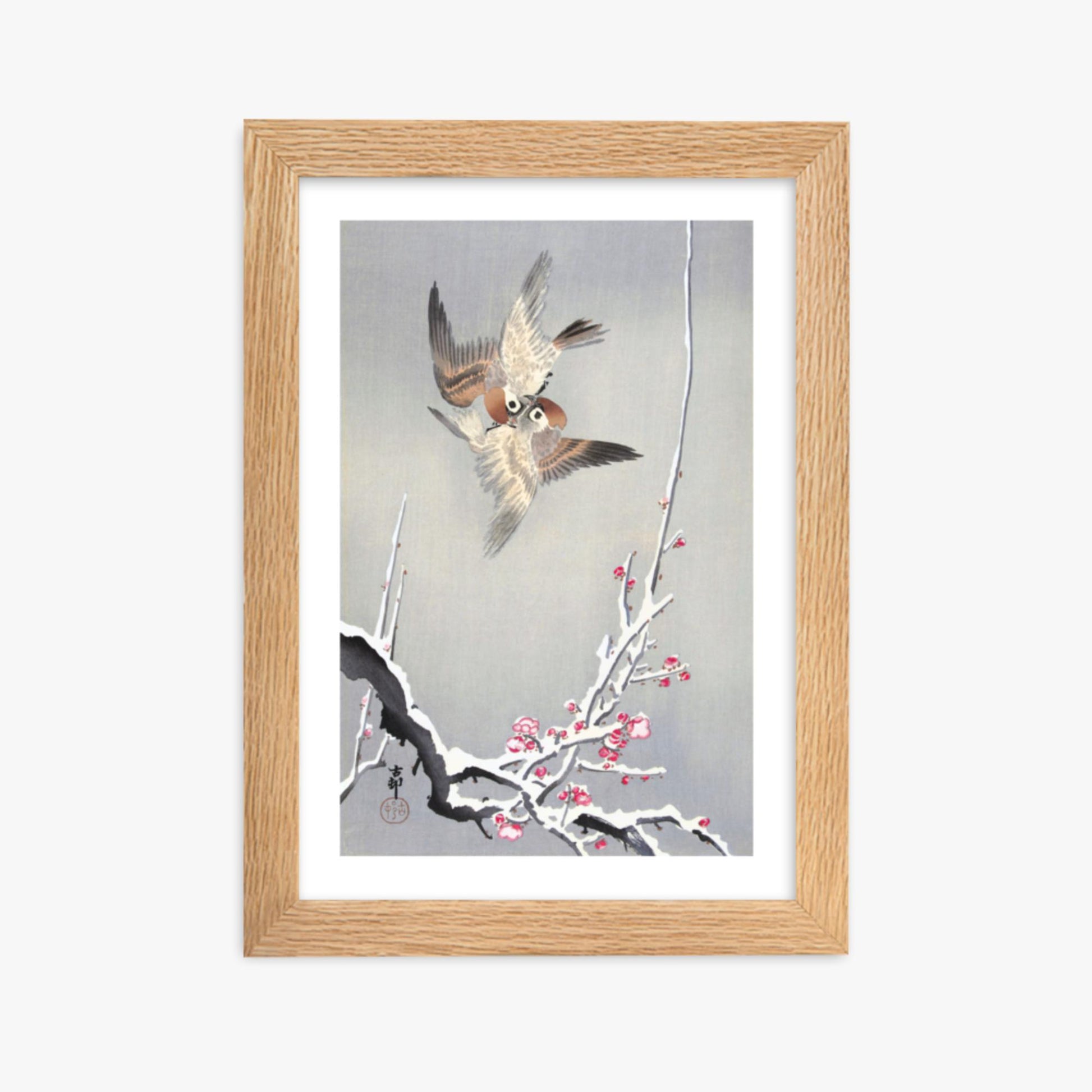 Ohara Koson - Sparrows and Snowy Plum Tree 21x30 cm Poster With Oak Frame