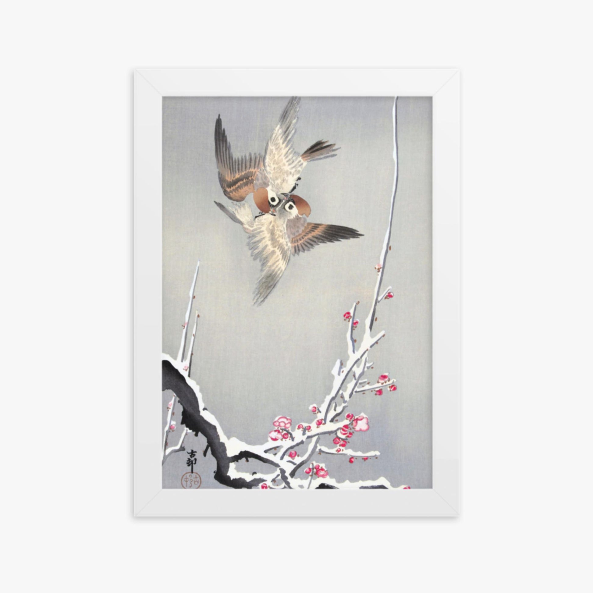 Ohara Koson - Sparrows and Snowy Plum Tree 21x30 cm Poster With White Frame