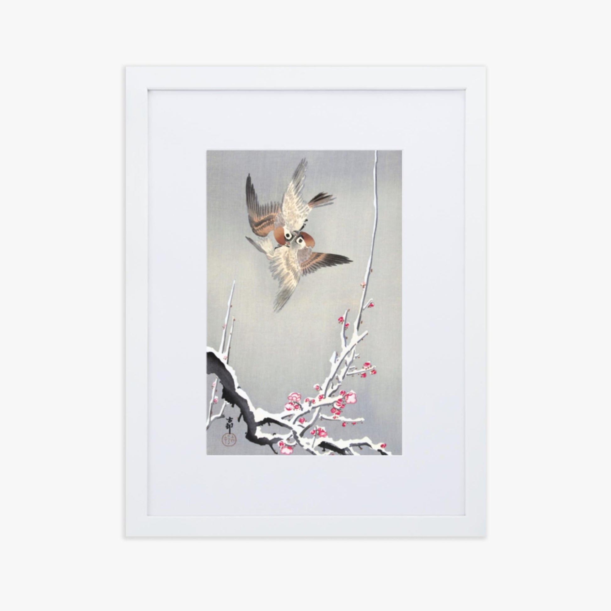 Ohara Koson - Sparrows and Snowy Plum Tree 30x40 cm Poster With White Frame