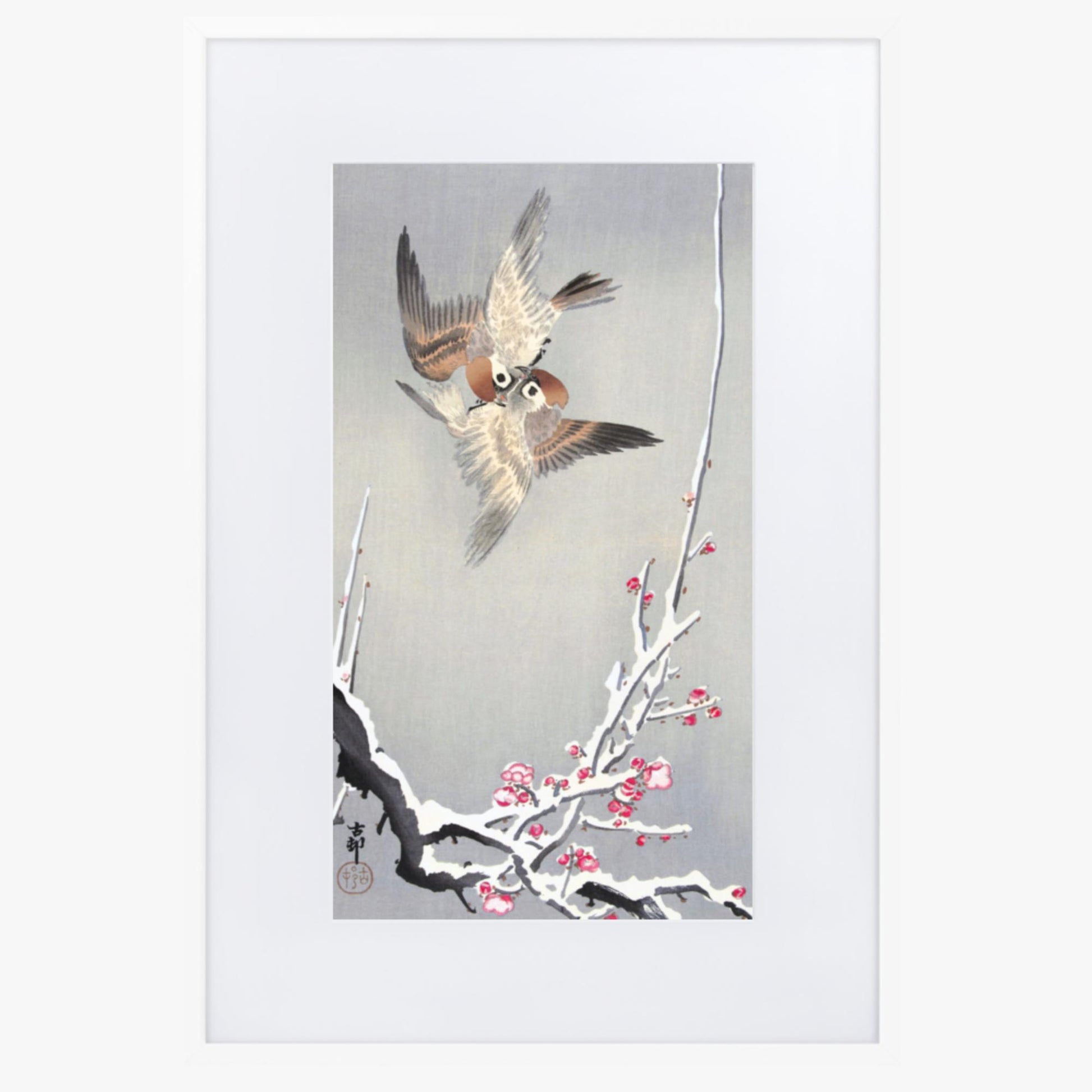 Ohara Koson - Sparrows and Snowy Plum Tree 61x91 cm Poster With White Frame